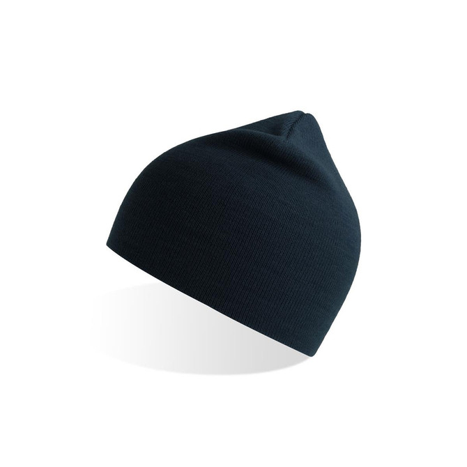 A dark blue beanie with a ribbed texture and a pointed top, featuring a logo.