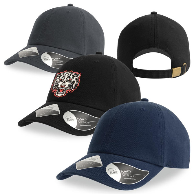 A collection of Fraser Organic Dad Hats in black and navy featuring a logo on one. They have a curved visor and adjustable strap.