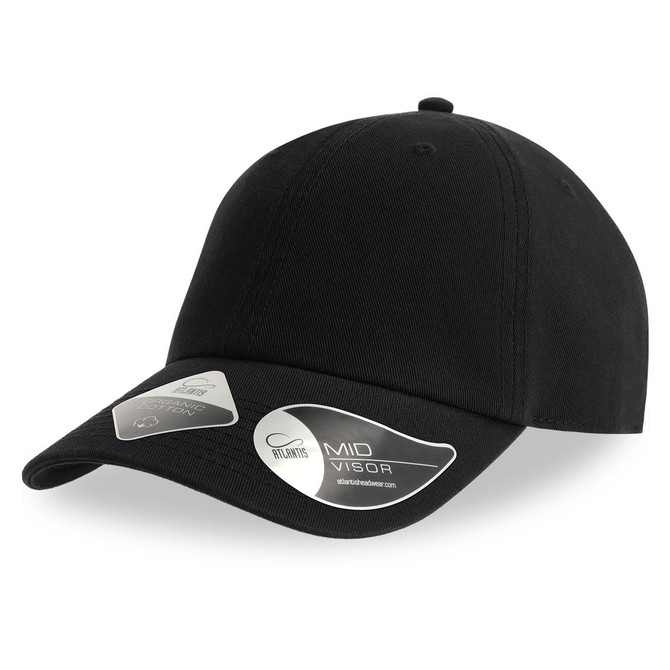 A black mid-visor cap featuring a logo, designed for casual wear.