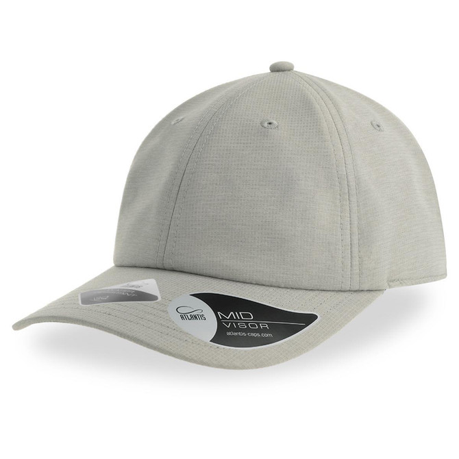 A light grey cap with a mid visor and a branded label on the side.
