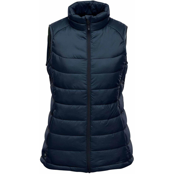 A navy thermal vest featuring a high collar and zip closure, designed for warmth and comfort, with a logo.