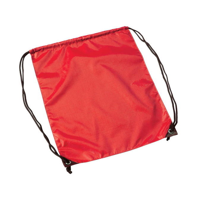 A red drawstring bag with black cords and a cinch closure. It features a logo on one side.