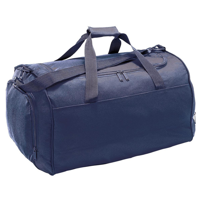 A navy blue duffle bag with dual handles and a zippered compartment. It features a simple design and has branding.