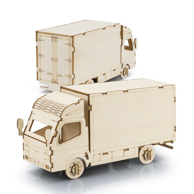 A wooden model of a small truck, featuring two views. The model is crafted from light-toned wood and has a simple design.