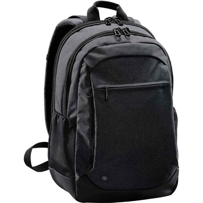 A black and grey backpack with multiple compartments and a logo. Suitable for various carrying needs.