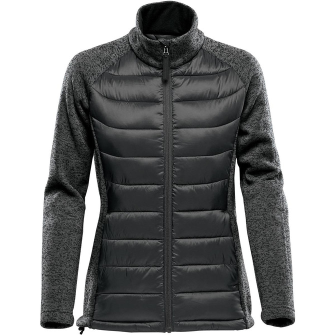 A women's hybrid jacket in dark grey and black with a zip front and a high collar. It features a logo.