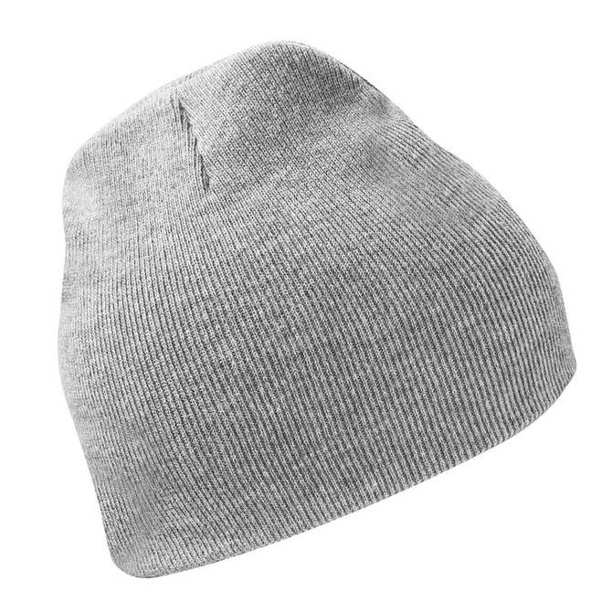 A grey knit beanie featuring a subtle ribbed texture and a small logo.