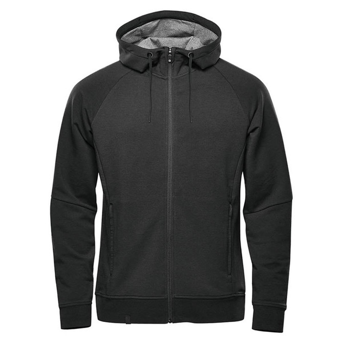 A men's full zip hoody in black with a grey interior and a logo on the front.