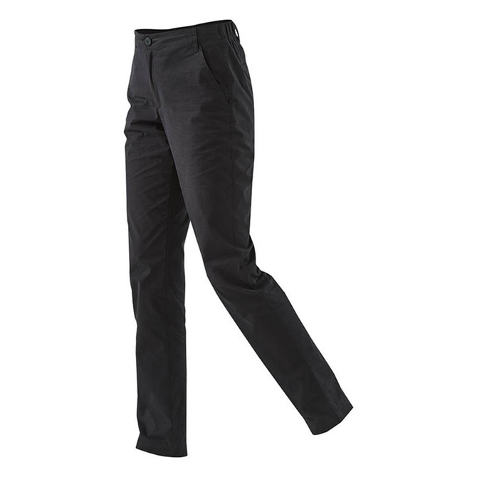 A pair of black track pants with a smooth texture and front pockets, featuring a logo.