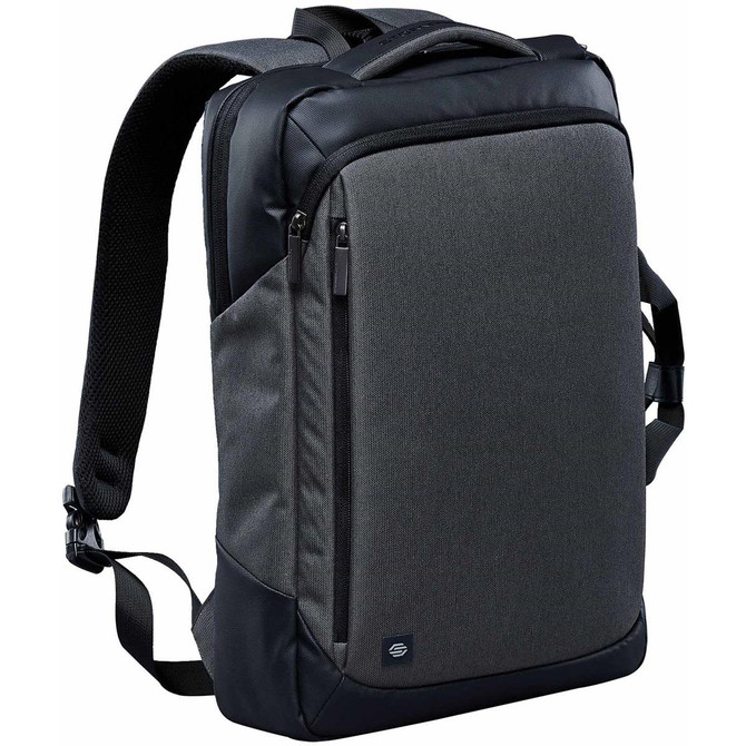 A sleek grey laptop backpack featuring multiple zippered compartments and a padded back panel. It has a logo on the front.