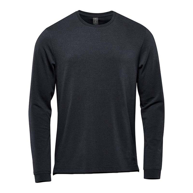 A dark grey long sleeve tee featuring a simple design and a logo.