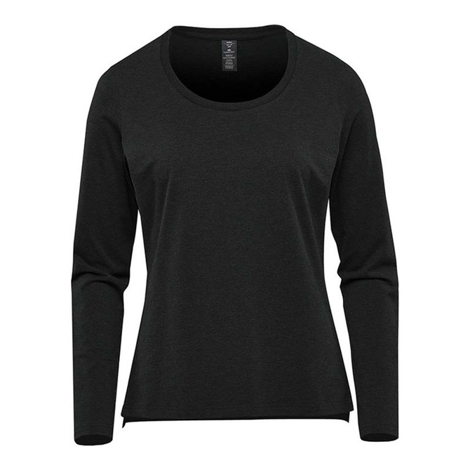 A long sleeve black women's tee with a round neckline and a brand logo.