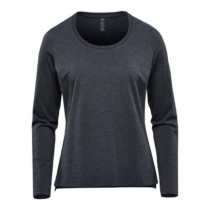 A dark grey long sleeve performance tee with a round neckline and a logo.