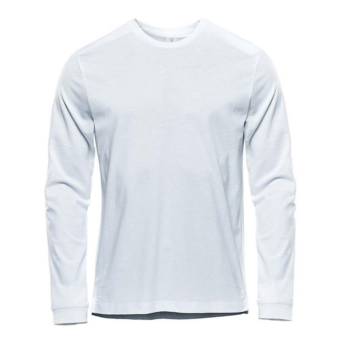 A white long sleeve t-shirt with a crew neck and logo on the chest.