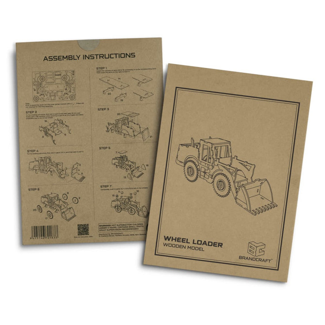 A brown packaging featuring assembly instructions for a wooden model of a wheel loader with illustrations and branding.