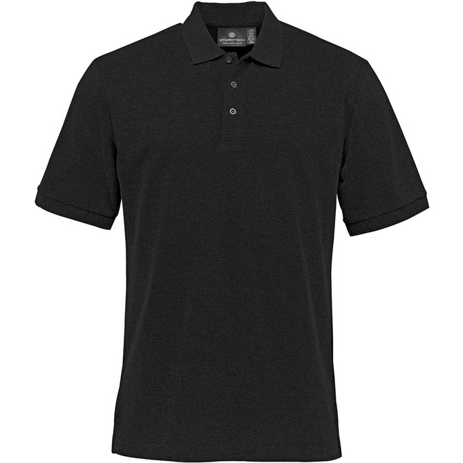 A black polo shirt featuring a collar, short sleeves, and a logo on the chest. Made from stretch pique fabric.