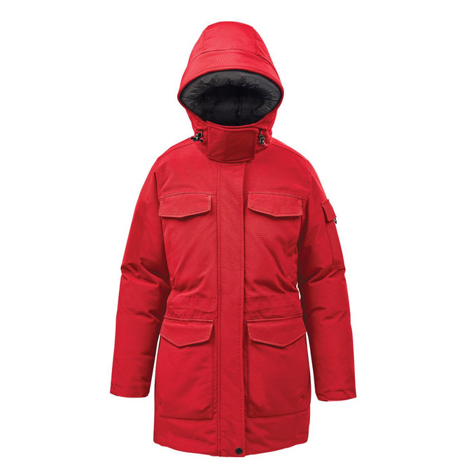 A red women's puffer jacket with a hood and multiple pockets, featuring a logo on the sleeve.