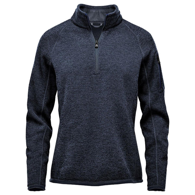 A women's 1/4 zip pullover in dark grey with a side logo detail. Suitable for casual wear.