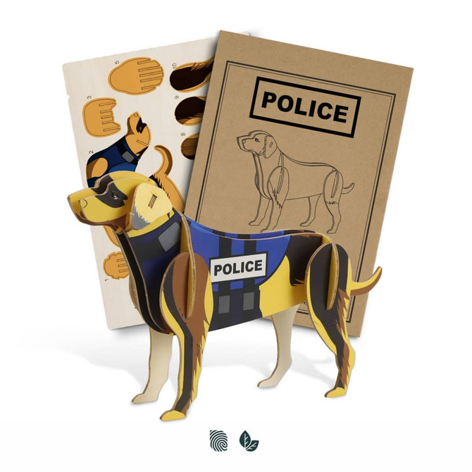 A dog wooden model in shades of brown and black, accompanied by cardboard components and a police-themed design.