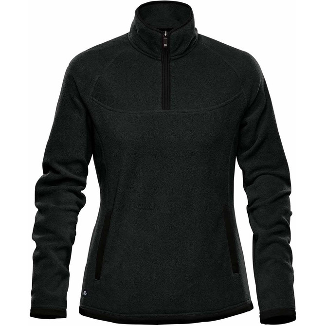A women's polar fleece jumper in dark green with a 1/4 zip and side pockets, featuring a logo.