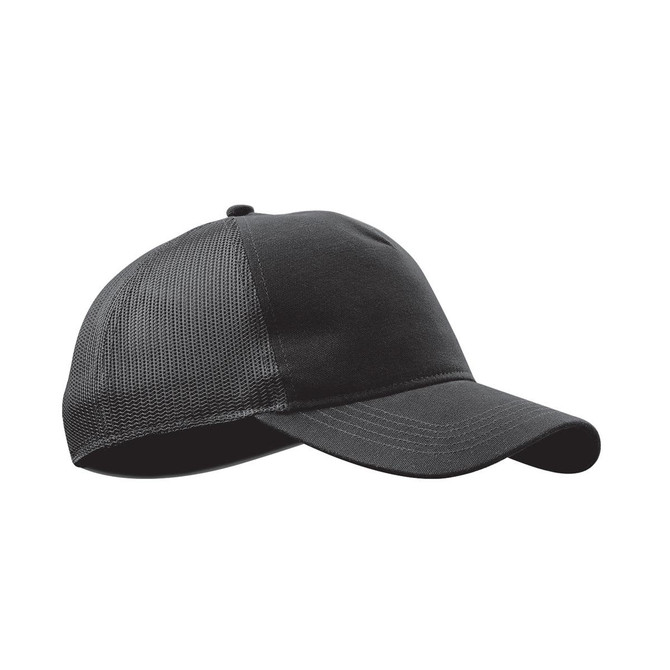 A black trucker cap featuring a solid front and mesh back, complete with a branding logo.