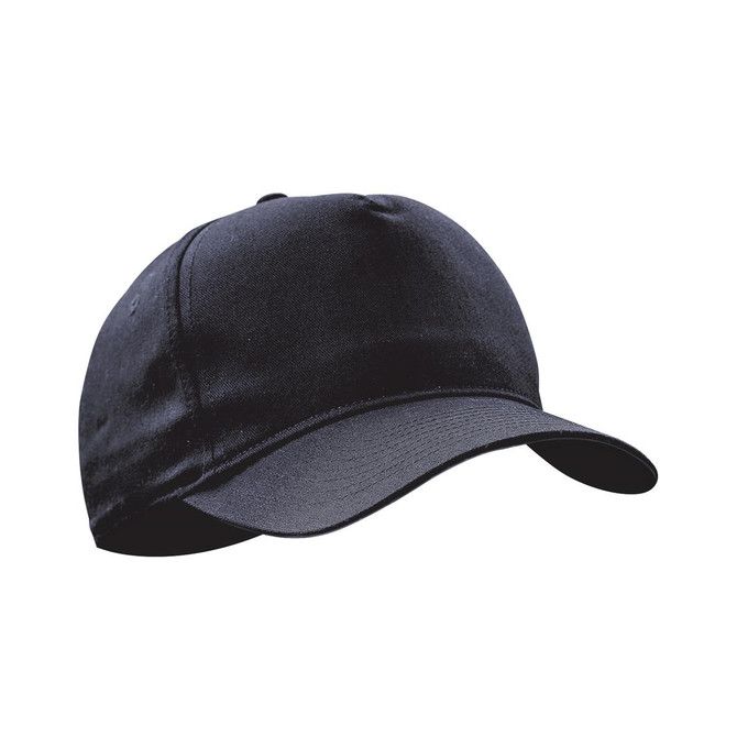 A black cap with a curved brim and an enclosed back, featuring a logo on the front.