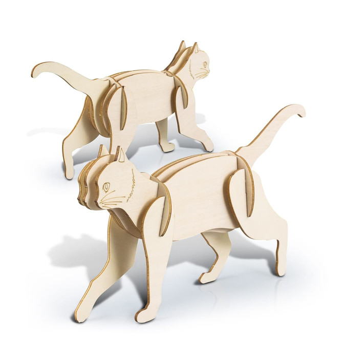 A wooden model of two cats in a natural finish, featuring articulated joints for movable limbs.