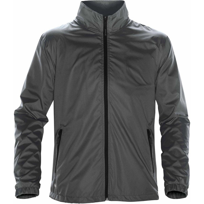 A men's grey jacket with a zip front, standing collar, and side pockets. It features a branding logo.