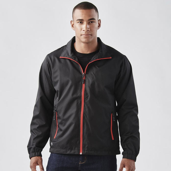 A black jacket with red accents and a zippered front, featuring side pockets and a stand-up collar.