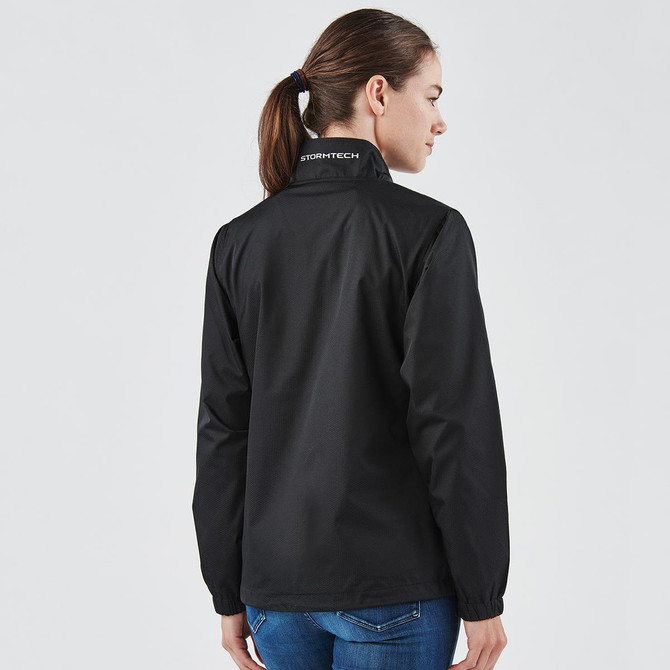 A black rain jacket with a high collar, featuring a logo on the back. Simple and sleek design.