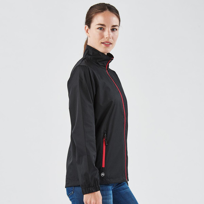 A black women's rain jacket with red accents, featuring a zippered front and side pockets, and a logo on the fabric.