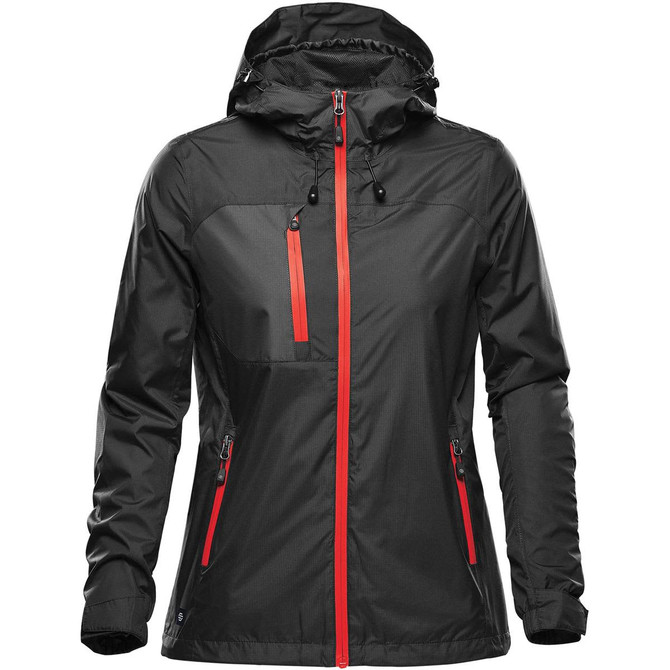 A women's rain jacket in black with red zippers and accents, featuring a hood and multiple pockets.