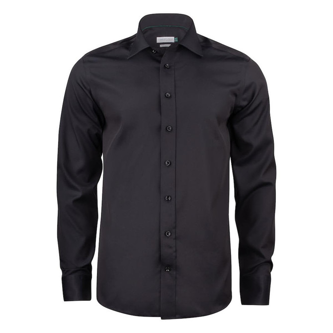 A black button-up shirt with a collar and long sleeves, featuring a logo on the label.