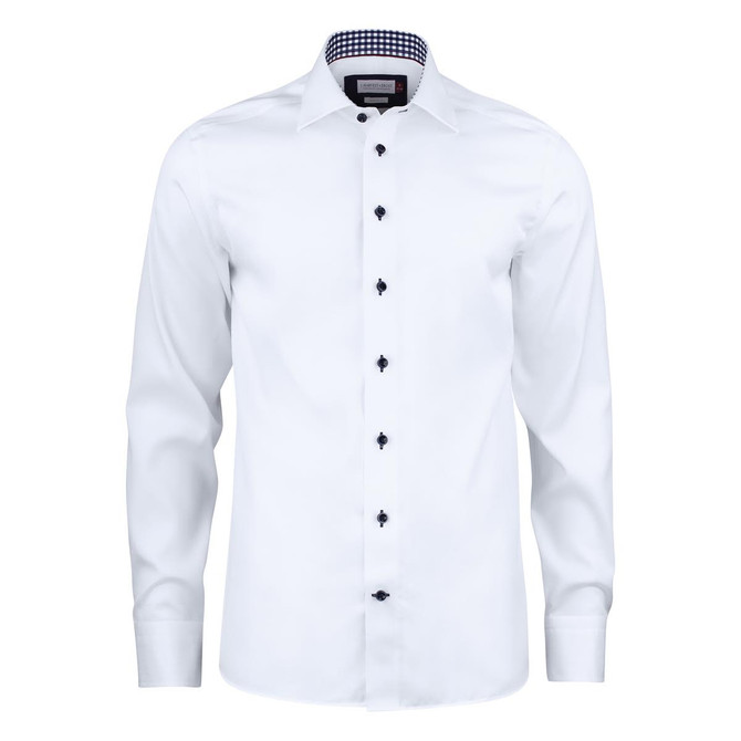 A white button-up shirt featuring black buttons and a checkered collar detail. It has a logo on the chest.