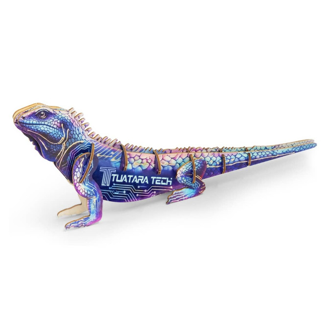 A colourful, wooden model of a tuatara lizard featuring intricate designs and a logo.