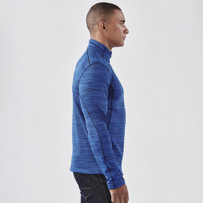 A men's base thermal 1/4 zip jumper in vibrant blue, featuring a fitted design and a high collar.