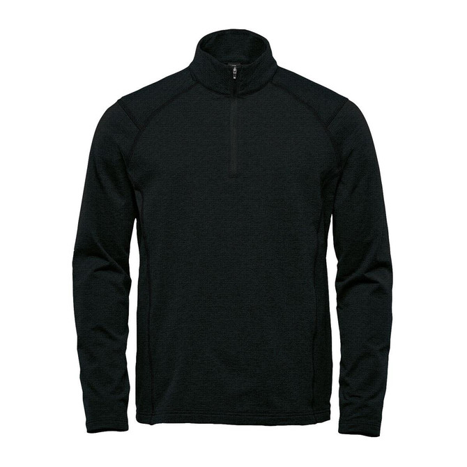 A black 1/4 zip pullover with raglan sleeves and a front zipper, featuring a brand logo.