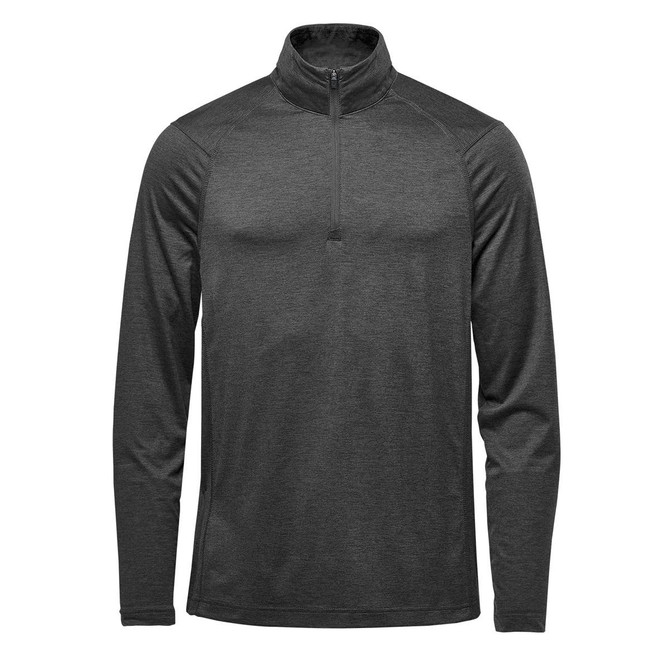A men's Milano 1/4 zip pullover in dark grey, featuring long sleeves and a standing collar. It includes a logo.