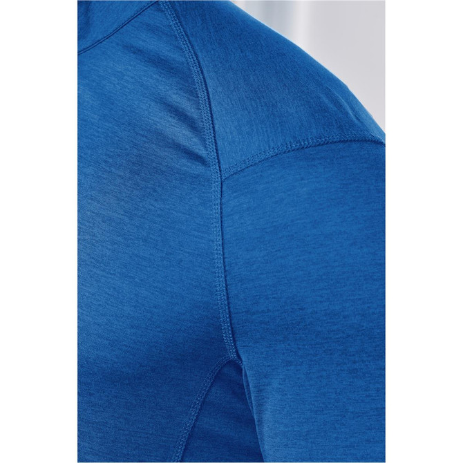 A close-up of a blue men's pullover featuring a quarter zip and a textured fabric design. It includes a logo.