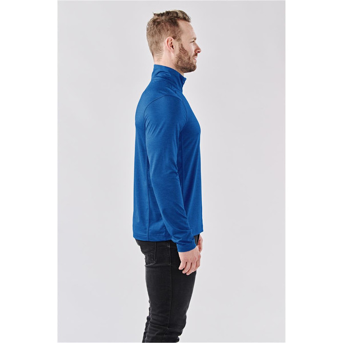 A blue men's Milano 1/4 zip pullover displayed on a model from the side, featuring a fitted design.