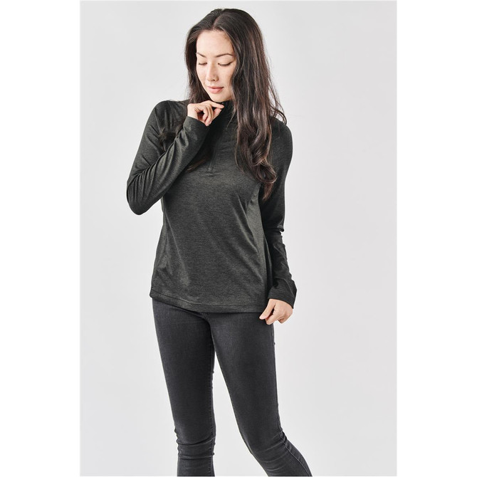 A black women's Milano 1/4 zip pullover, featuring long sleeves and a stylish fit. It has a branding logo.