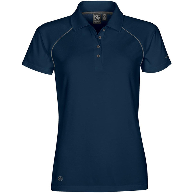 A women's navy polo shirt with a fitted design, featuring a logo and contrasting stitching.