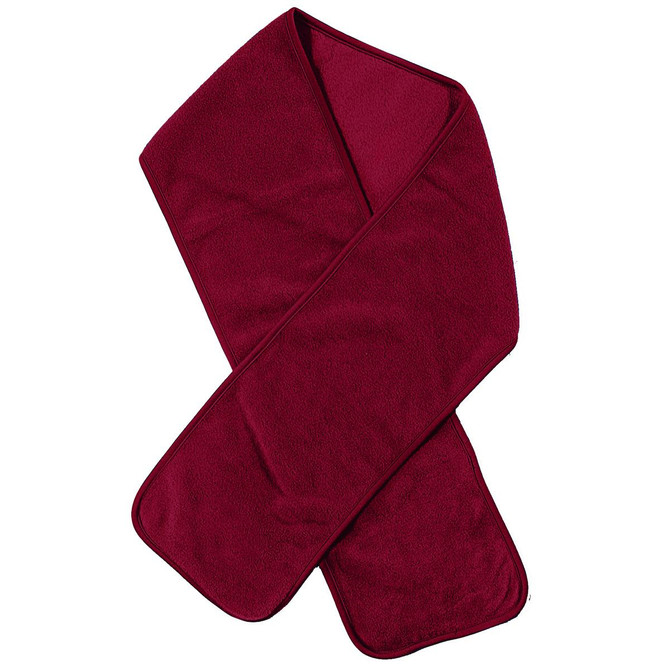 A polar fleece scarf in a deep burgundy colour, featuring a soft texture and finished edges.