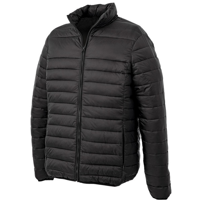 A black puffer jacket with a zippered front and a stand-up collar, featuring a logo on the chest.
