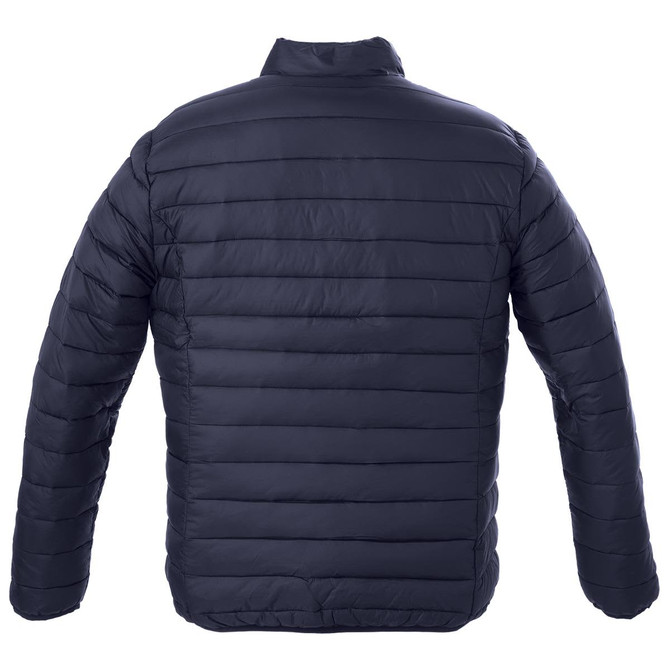 A navy puffer jacket featuring a quilted design and a simple, minimalistic style, with a logo on the back.