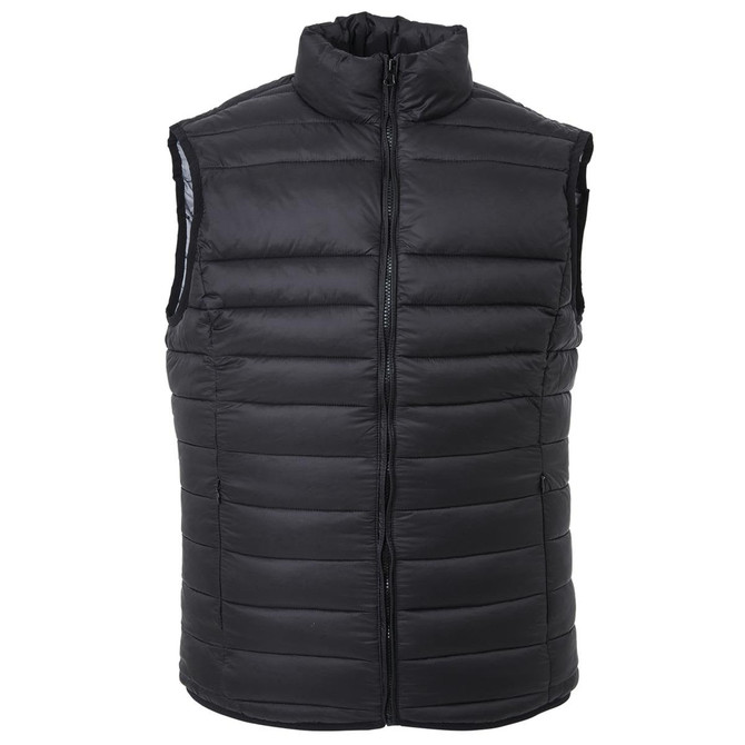 A black puffer vest with a high collar and zip closure. Features a quilted design. Includes branding.