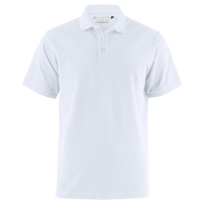 A white polo shirt with a classic collar and button placket, featuring a logo on the chest.