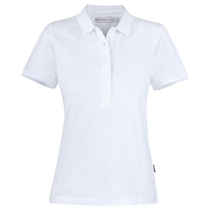A white women's cotton polo shirt with a collar and a button-up front. It features a logo on the side.