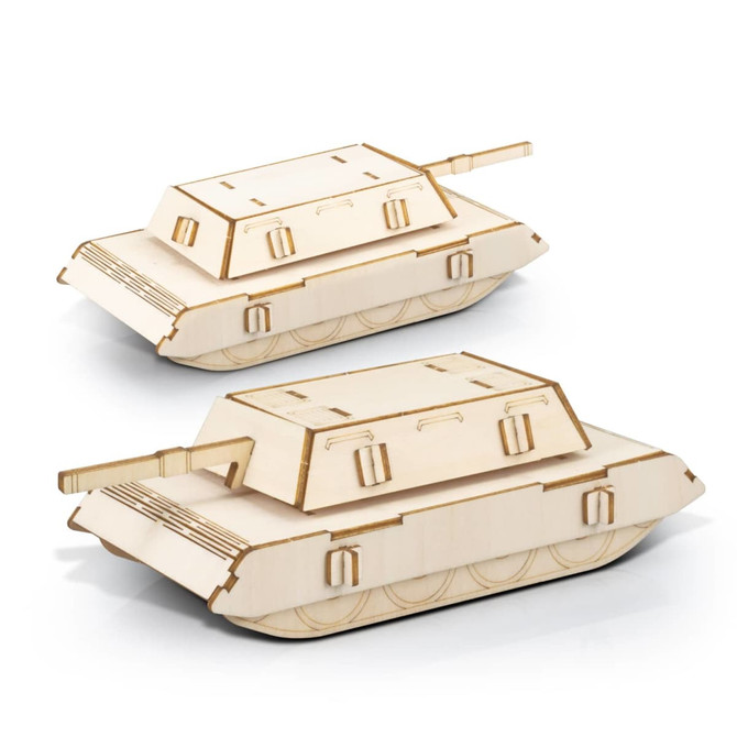 A wooden model of a tank, featuring a natural wood finish with detailed cut-out designs.
