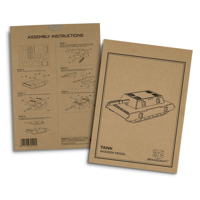 A cardboard package containing assembly instructions for a wooden tank model, featuring a simple design and branding.
